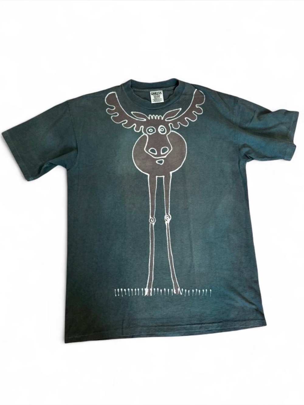 Vintage 90s Oneita Single Stitch Double-Sided Moose & Moon Green T-Shirt- Indie